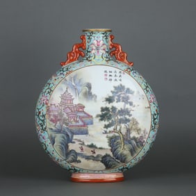 A Exquisite Turquoise Green Ground Famille-Rose Landscape Pattern Double-Ears Vase