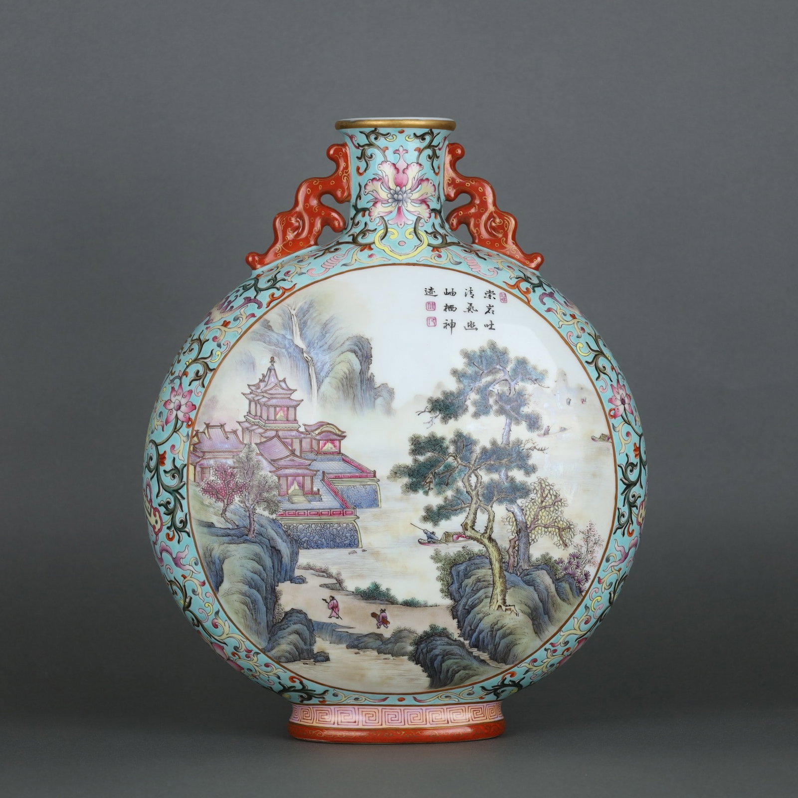 A Exquisite Turquoise Green Ground Famille-Rose Landscape Pattern Double-Ears Vase: A Exquisite Turquoise Green Ground Famille-Rose Landscape Pattern Double-Ears Vase,Qing Dynasty, China,Qianlong Six-character Mark,Size:12.6inx10.2in 