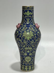 A Exquisite Famille-Rose Blue Ground Lotus Pattern Beast-Ears Vase