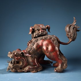 A Exquisite Coppery Double Lion Censer