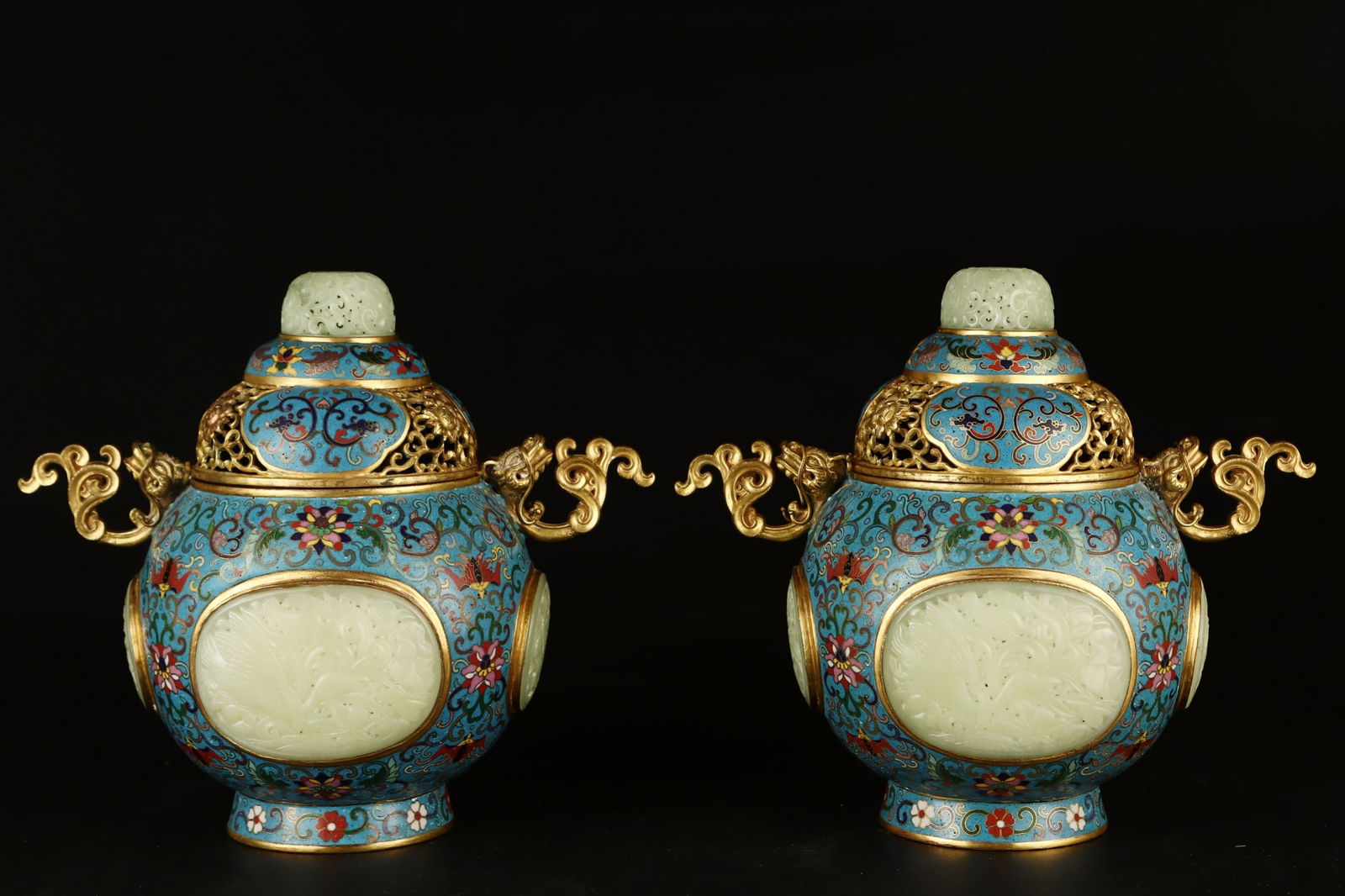 A pair of Exquisite Cloisonne Inlaid Jade Censer (1 of 9)