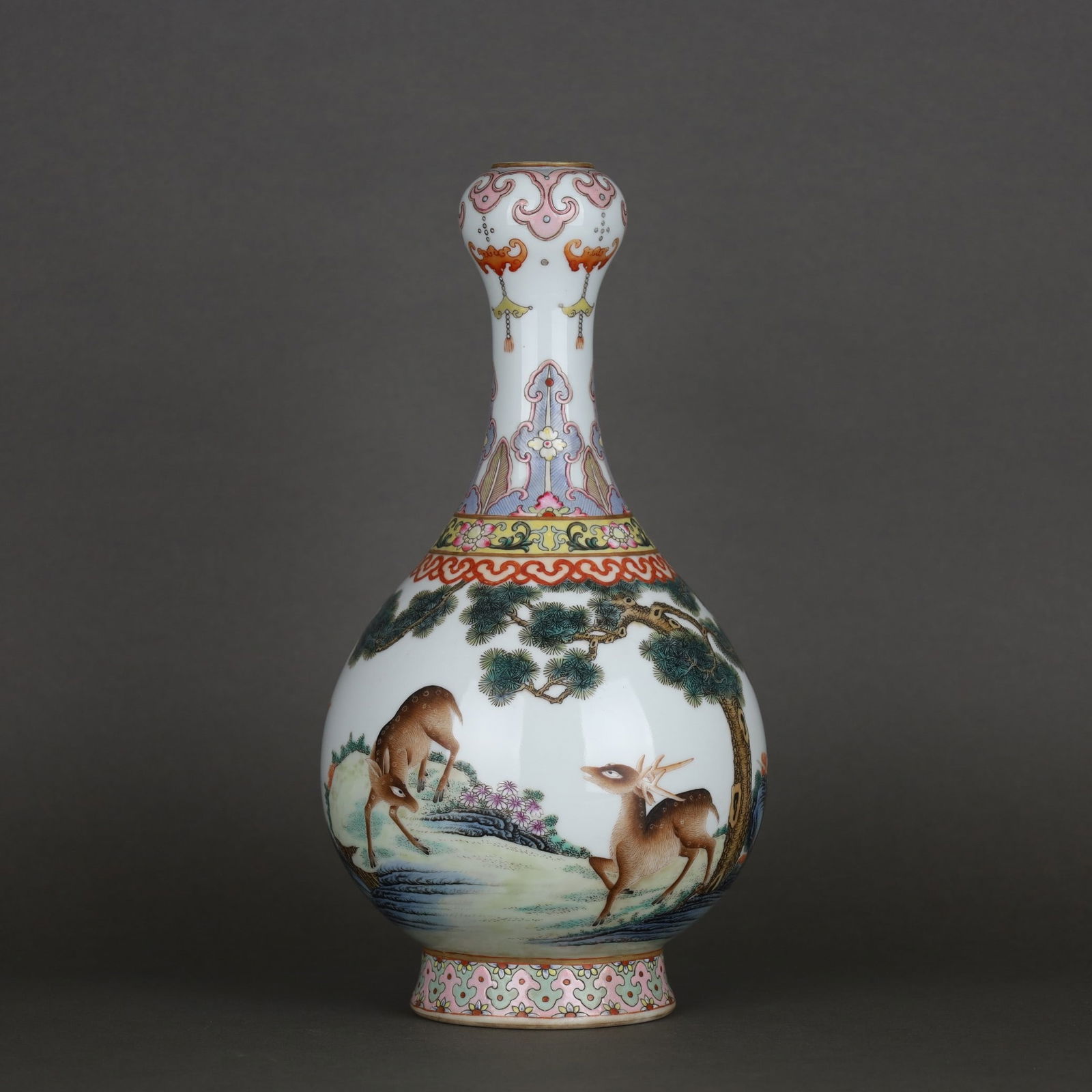 A Exquisite Famille-Rose Deer and Crane Pattern Vase: A Exquisite Famille-Rose Deer and Crane Pattern Vase,Qing Dynasty, China,Qianlong Six-character Mark,Size:10.8inx5.7in 