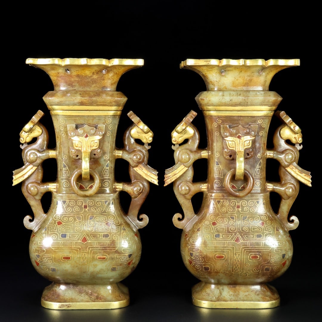 A Pair of Rare Hetian Jade Gold-Inlaid Vase (1 of 9)