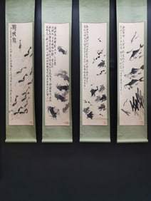 A Set of Chinese Vertical Scroll Ink Paintings of Shrimp on Paper