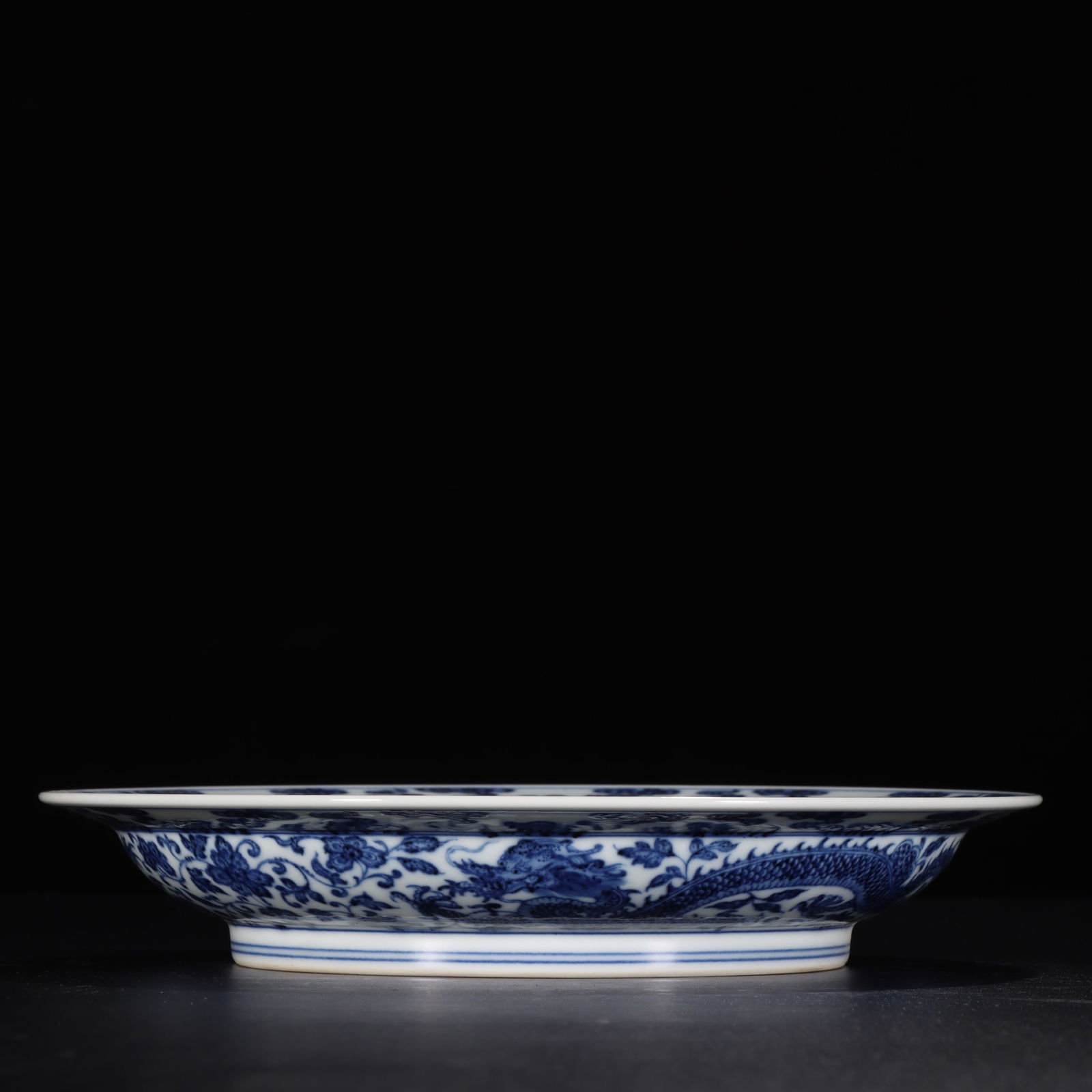 A Exquisite Blue and White Lotus Dragon Pattern Plate: A Exquisite Blue and White Lotus Dragon Pattern Plate,Qing Dynasty, China,Yongzheng Six-character Mark,Size: 1.5inx9.1inx5.5in 