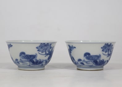 A pair of Exquisite Blue and White Flower and Bird Pattern Cup