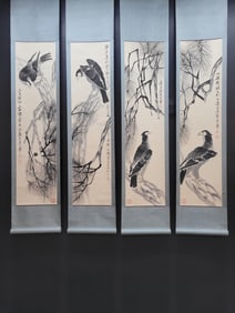 A Set of Chinese Vertical Scroll Ink Paintings of Eagle on Paper
