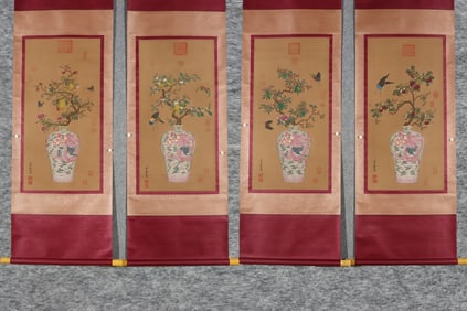 A Set of Chinese Vertical Scroll Ink Paintings of Flower and Bird on Paper