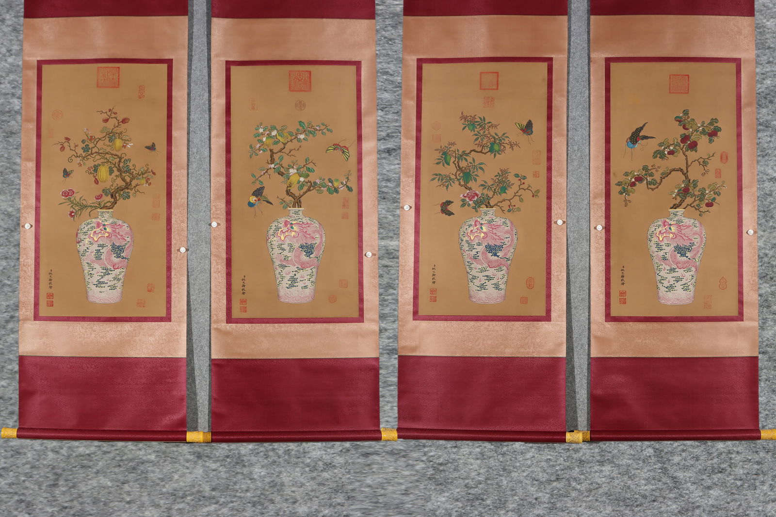 A Set of Chinese Vertical Scroll Ink Paintings of Flower and Bird on Paper (1 of 9)