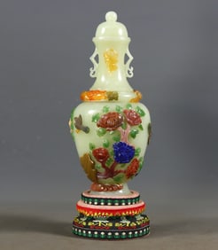 A Exquisite Hetian Jade Eight Treasures Inlaid Double-Ears Vase
