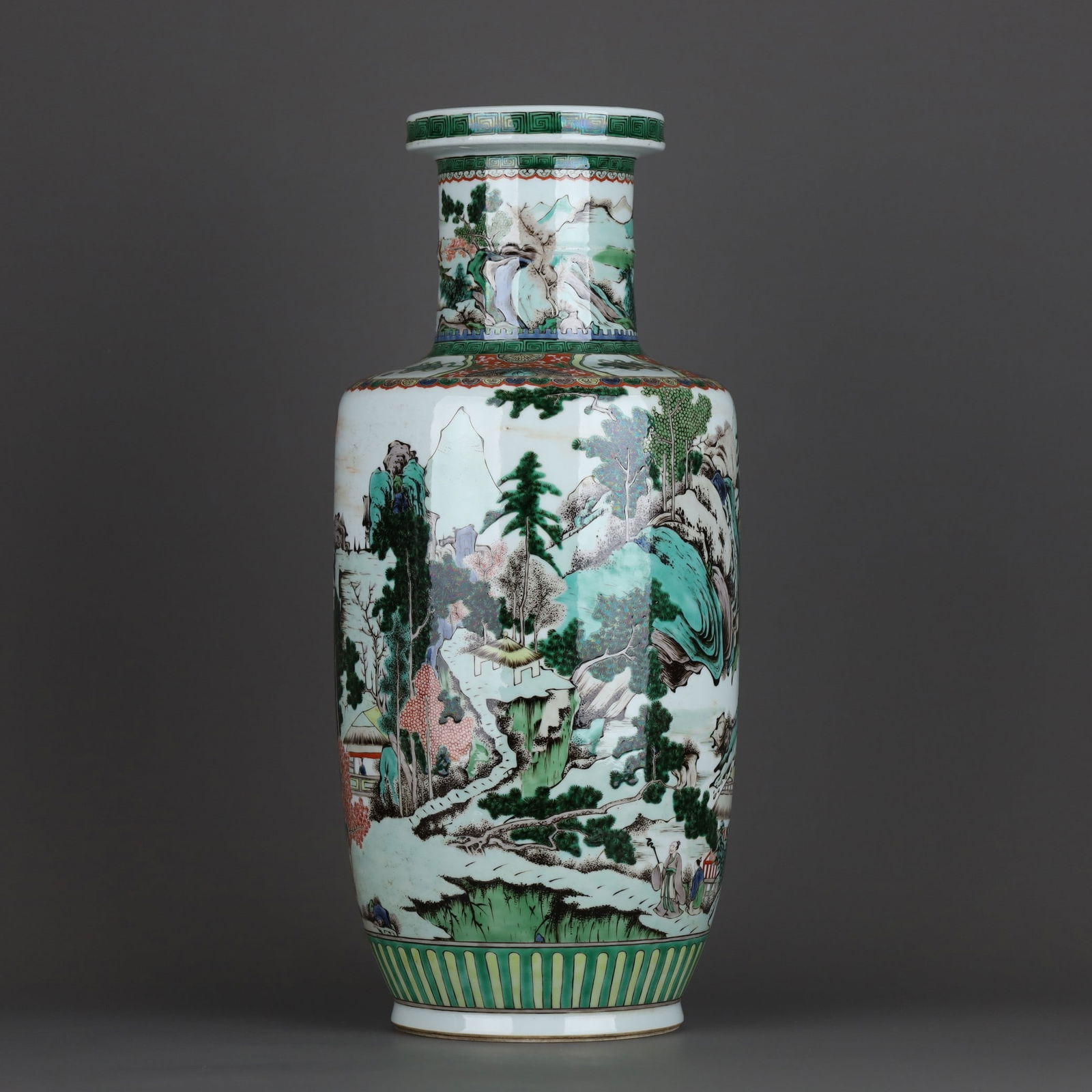 A Exquisite Wucai Landscape and Figures Pattern Vase: A Exquisite Wucai Landscape and Figures Pattern Vase,Qing Dynasty, China,Size:17.6inx8in 五彩山水人物纹瓶,中国清代