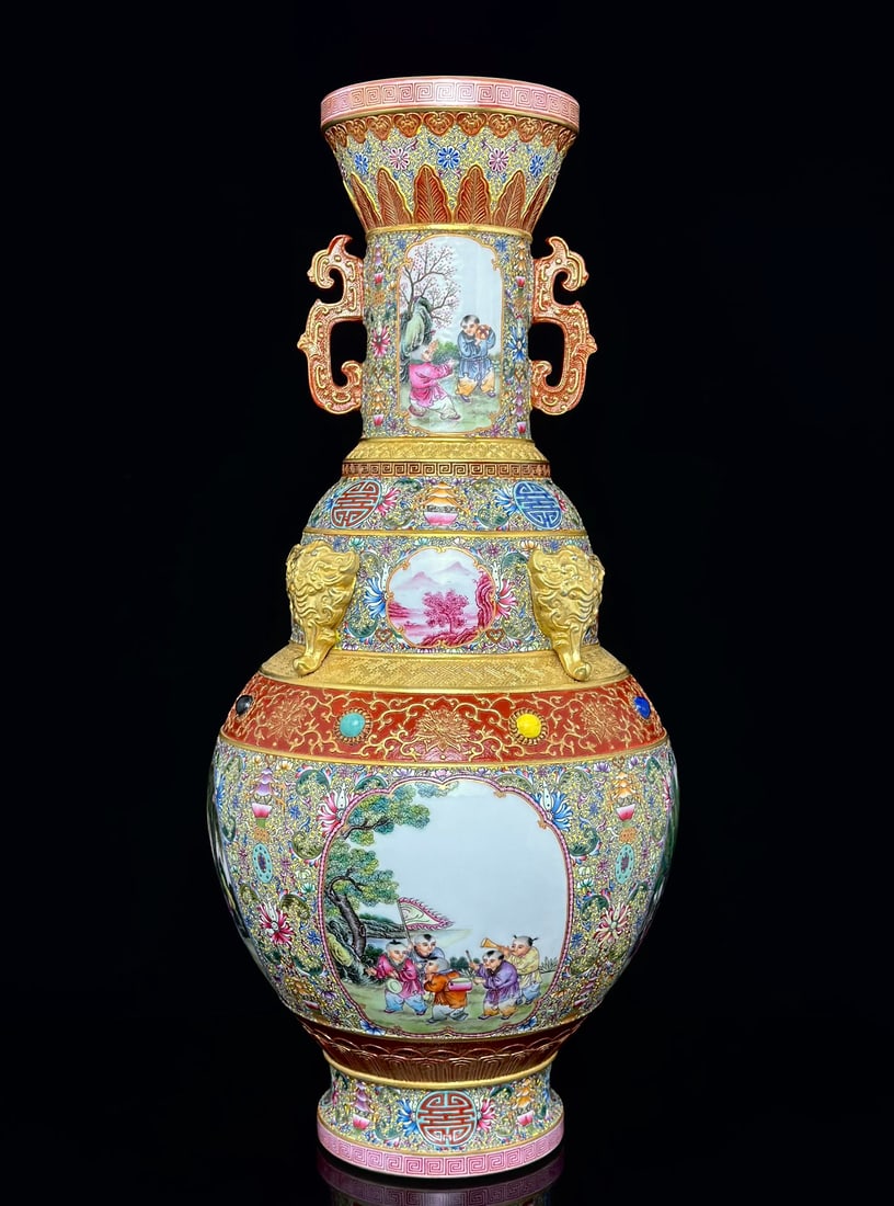 A Exquisite Enamel Figures Pattern Dragon-Ears Vase: A Exquisite Enamel Figures Pattern Dragon-Ears Vase,Qing Dynasty, China,Qianlong Six-character Mark,Size:4.6inx19inx8.6inx4.6in 珐琅彩人物纹龙耳瓶