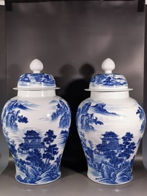 A pair of Exquisite Blue and White Landscape and Figures Pattern Jar