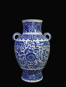 A Exquisite Blue and White Lotus Pattern Double-Ears Vase