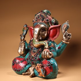 A Exquisite Coppery Painted Gold Inlaid Gems Statue of Mammon