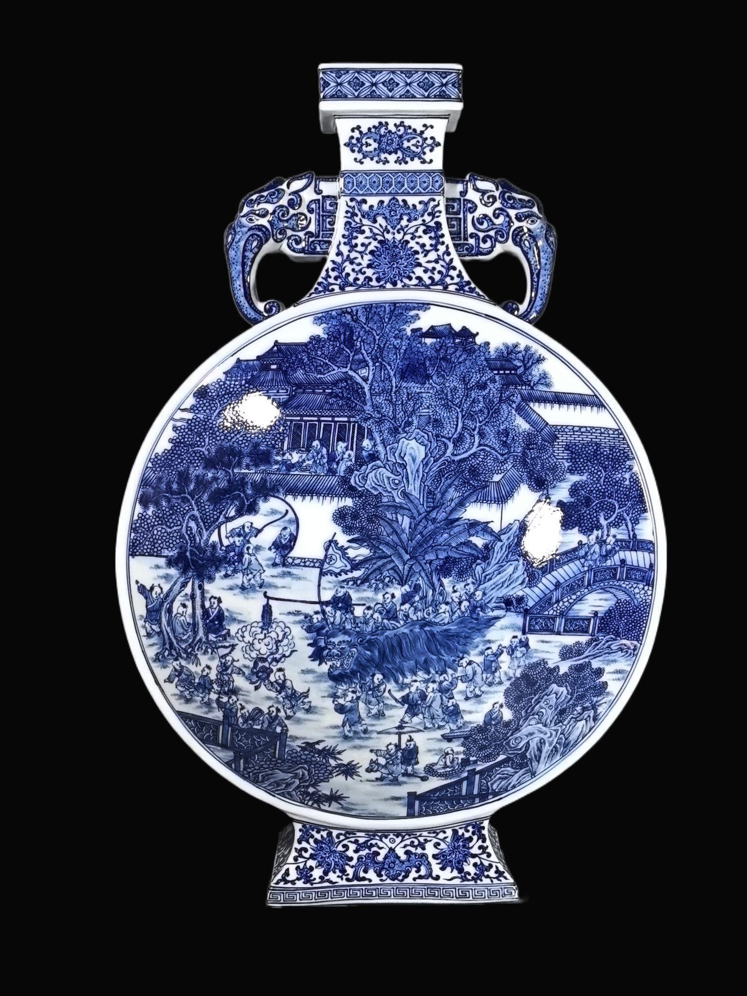 A Exquisite Blue and White Figures Pattern Elephant-Ears Vase: A Exquisite Blue and White Figures Pattern Elephant-Ears Vase,Qing Dynasty, China,Yongzheng Six-character Mark,Size:25.2inx16.9in 
