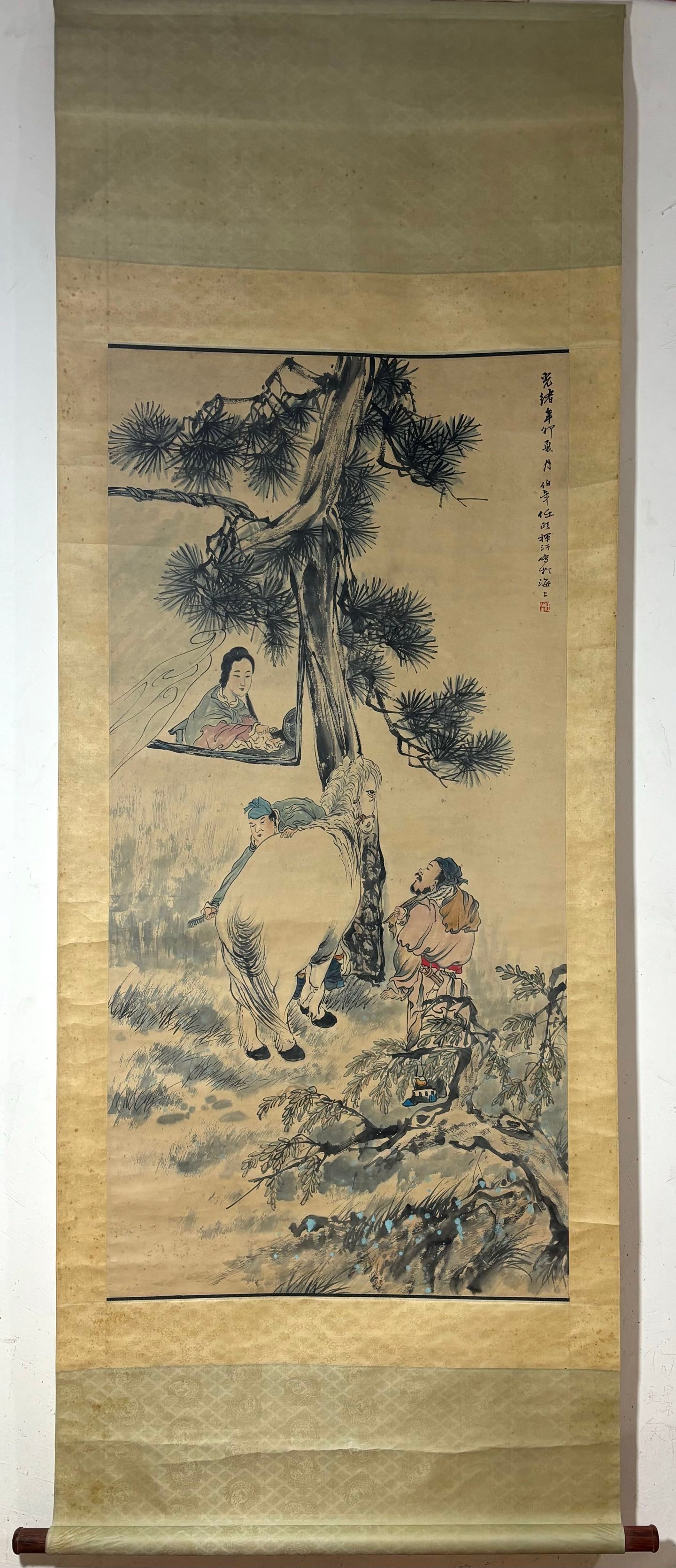 A Chinese Vertical Scroll Ink Painting of Figures on Paper: A Chinese Vertical Scroll Ink Painting of Figures on Paper,Modern Time of China,Ren Bonian,without frame size:54.3inx26.6in 