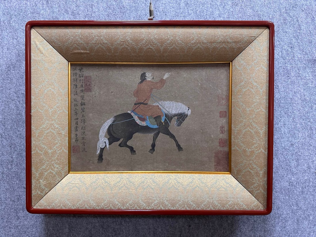 A Chinese Vertical Scroll Ink Painting of Figure Riding Horse on Silk, With a Frame: A Chinese Vertical Scroll Ink Painting of Figure Riding Horse on Silk, With a Frame,Yuan Dynasty, China,Zhao Mengfu,without frame size: 15inx10.2in, frame size:22inx17.3in 
