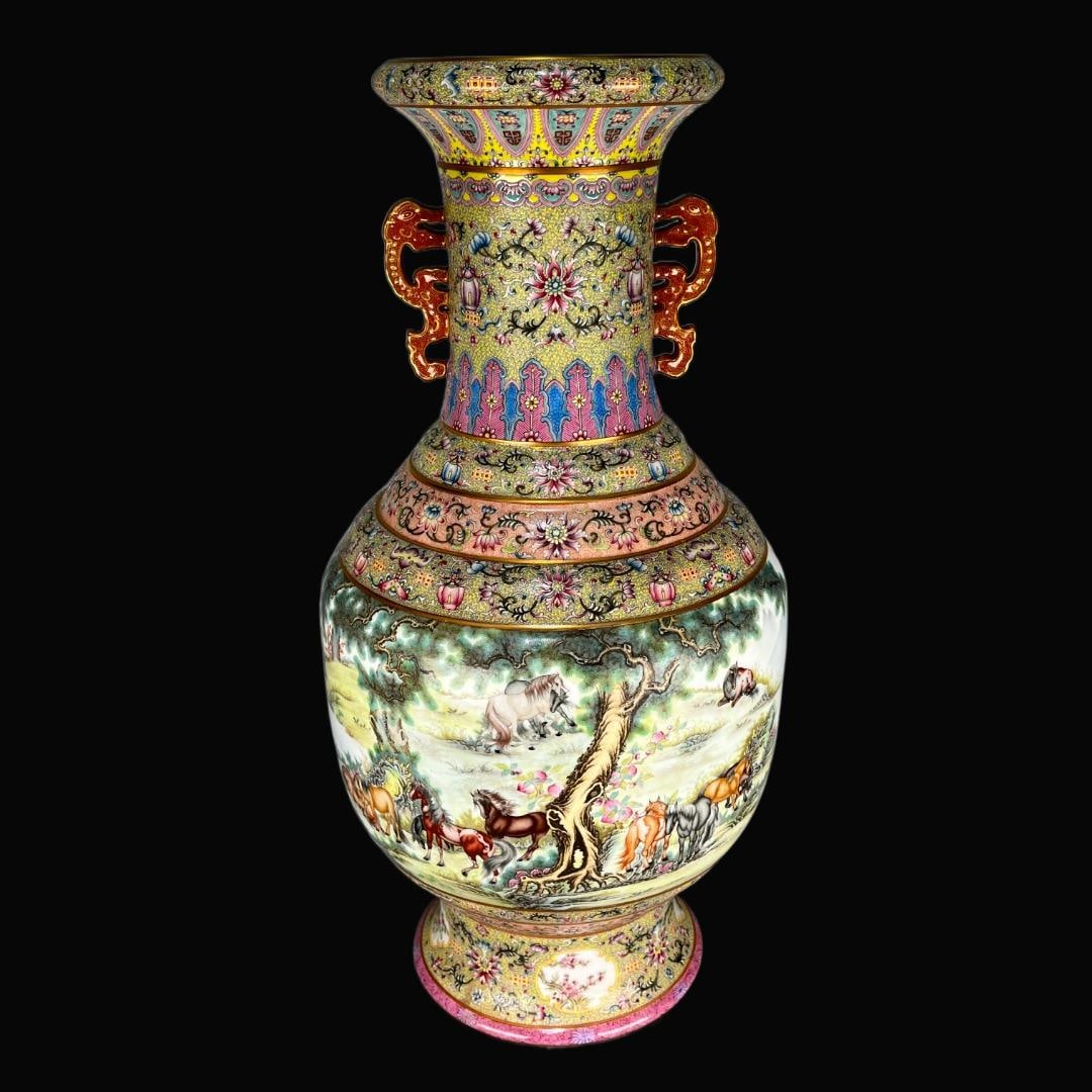 A Exquisite Enamel Painted Gold Lotus Pattern Horse Pattern Double-Ears Vase: A Exquisite Enamel Painted Gold Lotus Pattern Horse Pattern Double-Ears Vase,Qing Dynasty, China,Qianlong Four-character Mark,Size:23.5inx6.7inx7.1in 