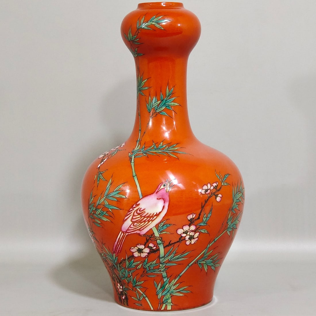 Coral Red Glazed Flower and Bird Pattern Vase: A Rare Coral Red Glazed Flower and Bird Pattern Vase,Qing Dynasty, China,Yongzheng Six-character Mark,Size :9.3inx4.9in 