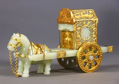 A set of Exquisite Hetian White Jade Cover with Silver Gilt Horse Draw Cart