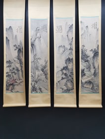 A Set of Chinese Vertical Scroll Ink Paintings of Landscape on Paper