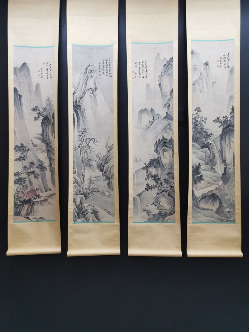 A Set of Chinese Vertical Scroll Ink Paintings of Landscape on Paper (1 of 9)