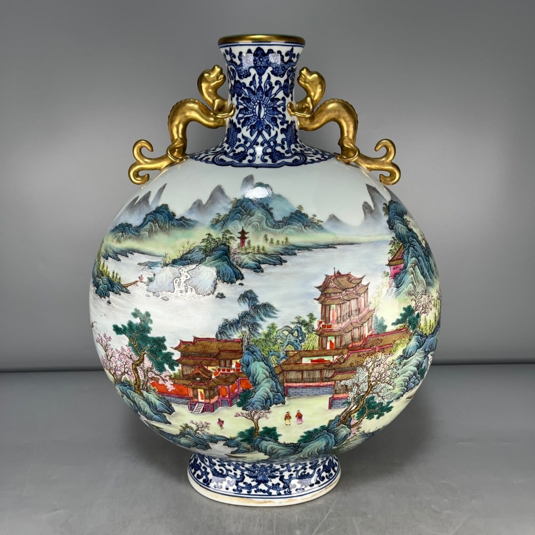 A Exquisite Blue and White Famille-Rose Painted Gold Landscape, Pavilion and Figure Pattern Vase (1 of 12)