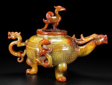 A Exquisite Hetian Jade Dragon and Phoenix Ewer
