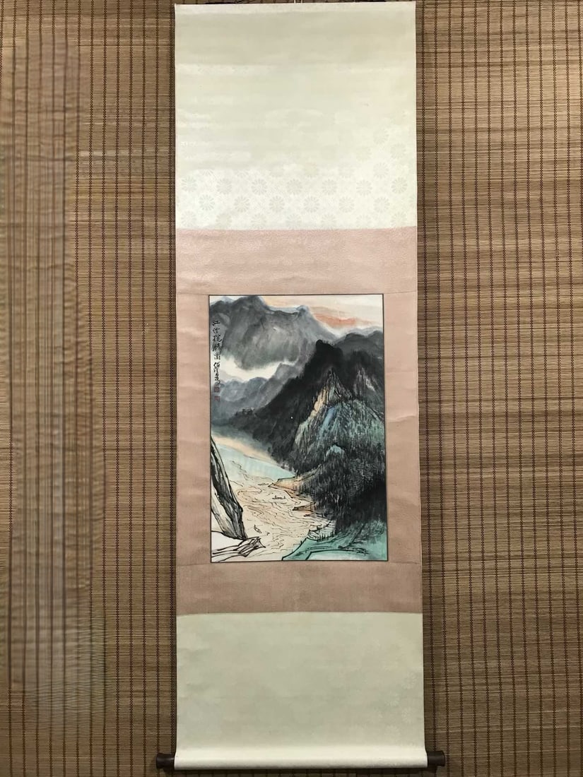 A Chinese Vertical Scroll Ink Landscape Painting on Paper: A Chinese Vertical Scroll Ink Landscape Painting on Paper,Modern Time of China,He Haixia,Size:17.7inx26.8in(Without frame) 