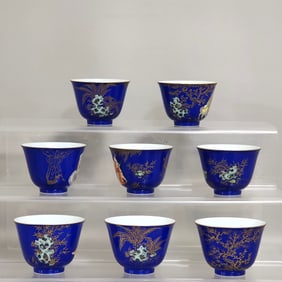 A Set of Enamel Blue Glazed Outline in gold Figures Pattern Cup