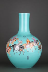 A Exquisite Turquoise Green Ground Famille-Rose Figures Pattern Vase