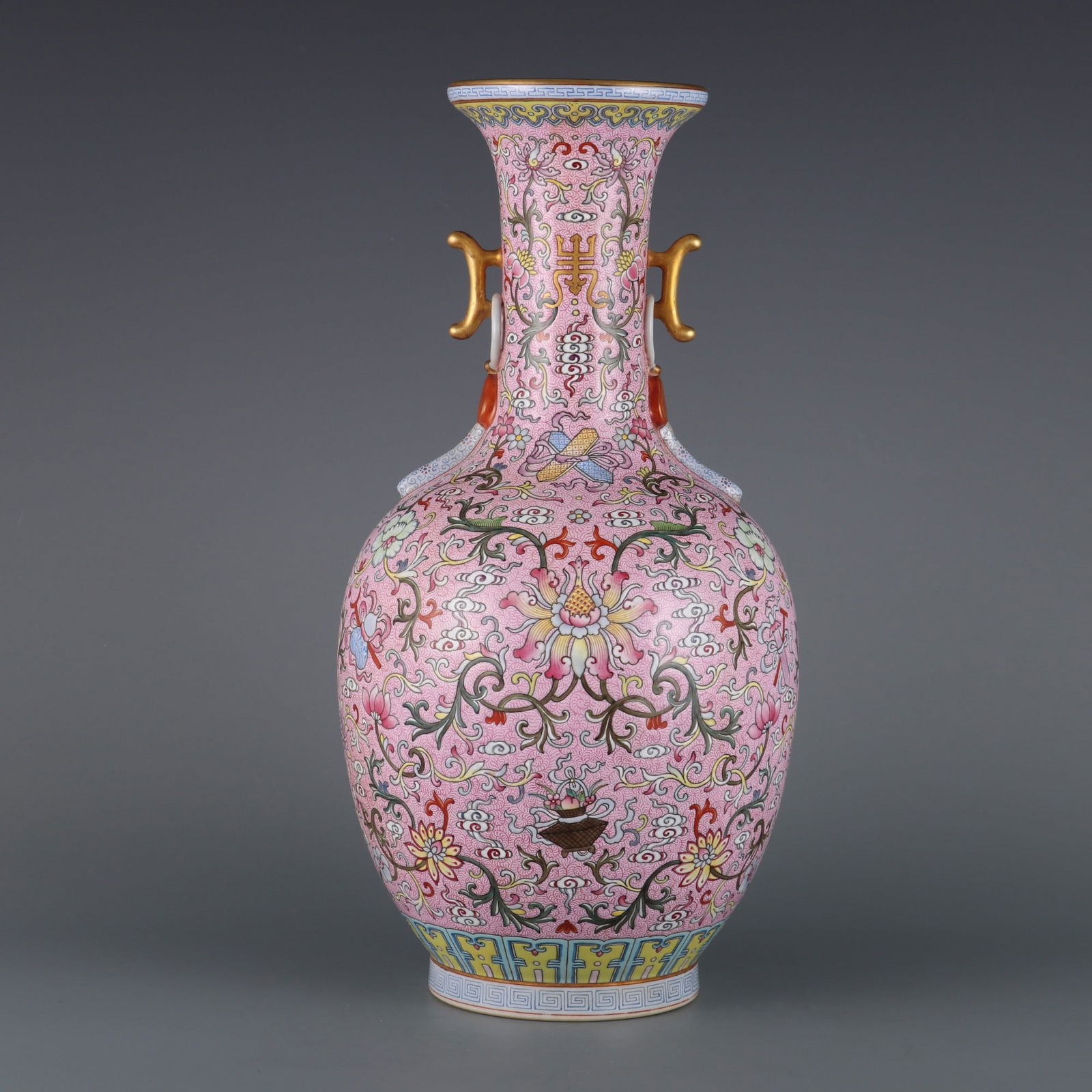 A Rare Turquoise Green Ground Famille Rose Passion Flower and Eight Treasures Pattern Double Ear: A Rare Turquoise Green Ground Famille Rose Passion Flower and Eight Treasures Pattern Double Ear Vase,Qing Dynasty, China,Qianlong Six-character Mark,Size:14.8inx4.1in 