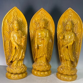 A Exquisite Liao Dynasty Porcelain Tri-Color Single-Color Glazed Ivory-Yellow Standing Buddha Statue