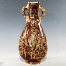 A Exquisite Ding yao Porcelain Soy Glazed Flower Pattern Double-Ears Vase