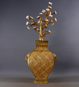 A Exquisite Gilt Bronze Carved Inlaid Pearl Insert Flower Vase