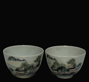 A pair of Exquisite Famille-Rose Landscape Pattern Cup