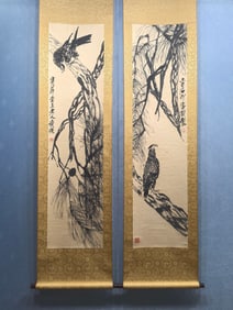 A Pair of Chinese Ink Wash Flower and Bird Paintings on Paper, Vertical Scrolls