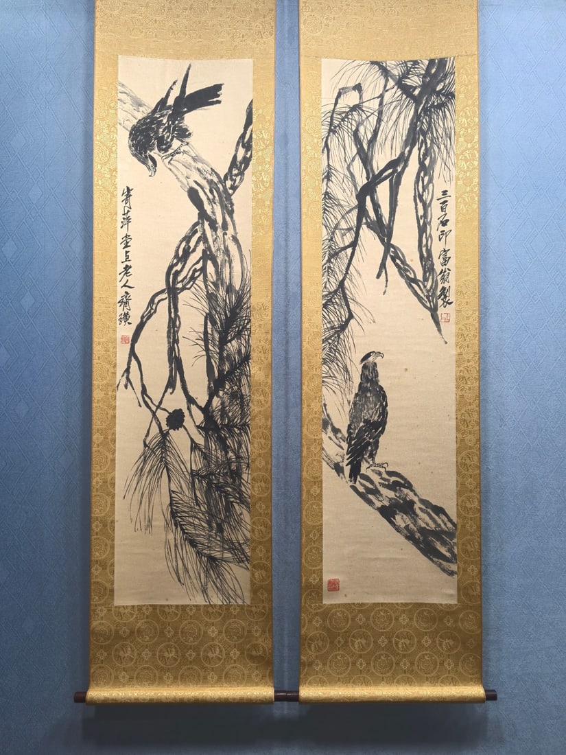 A Pair of Chinese Ink Wash Flower and Bird Paintings on Paper, Vertical Scrolls (1 of 7)