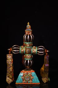 A Exquisite Sky Iron Chiseled and Gem-Inlaid Dharma ritual implement