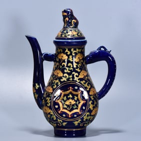 A Rare Ji Blue Fahua Glazed Painted Color Painted Gold Ewer