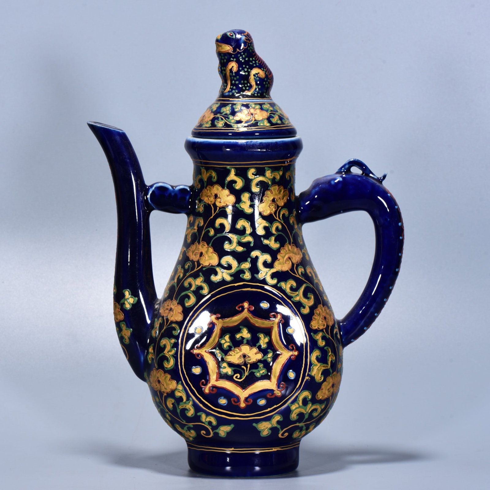 A Rare Ji Blue Fahua Glazed Painted Color Painted Gold Ewer (1 of 9)