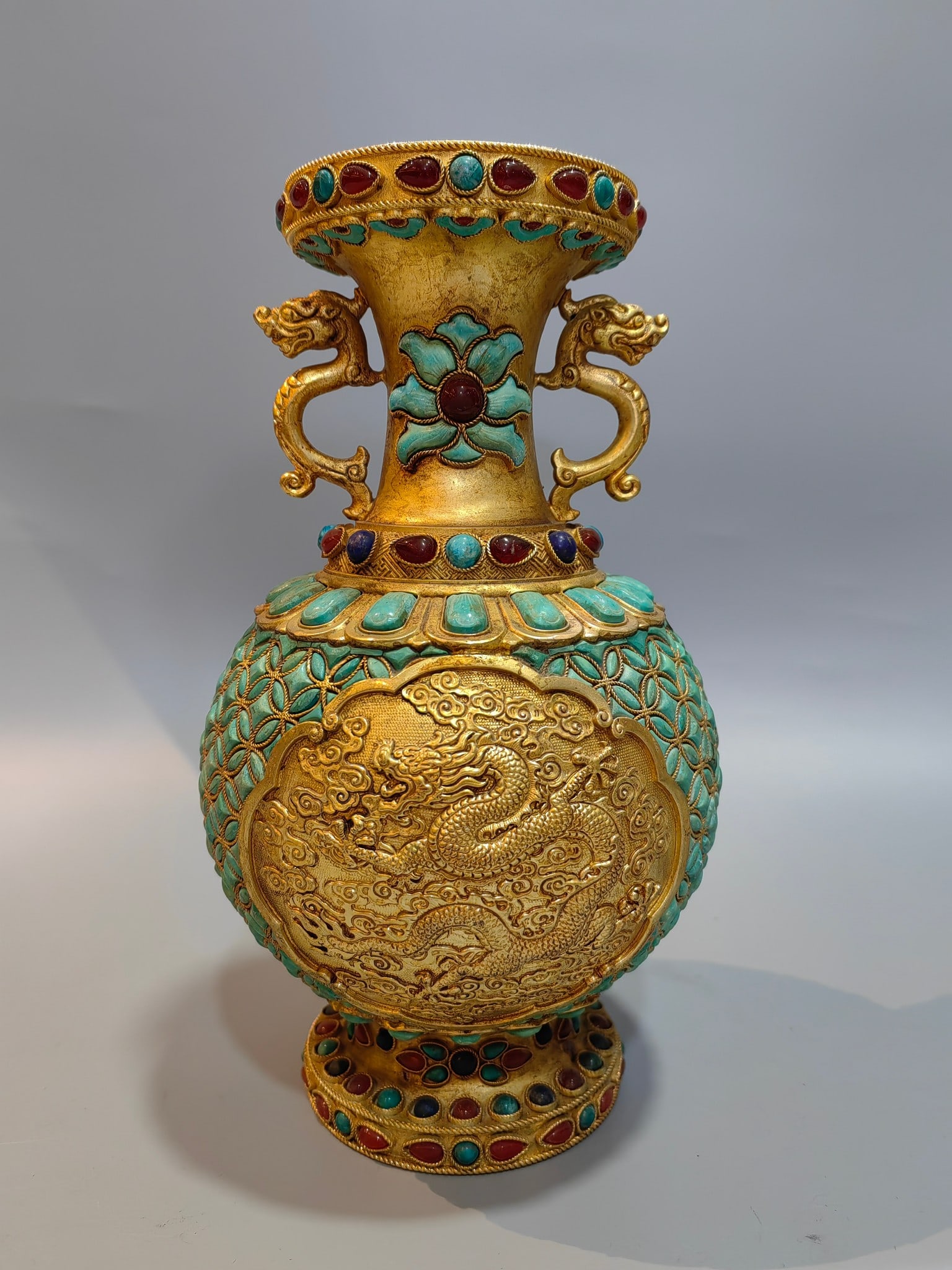 Bronze Gilt Turquoise-Inlaid Dragon Pattern Double-Ears Vase (1 of 9)