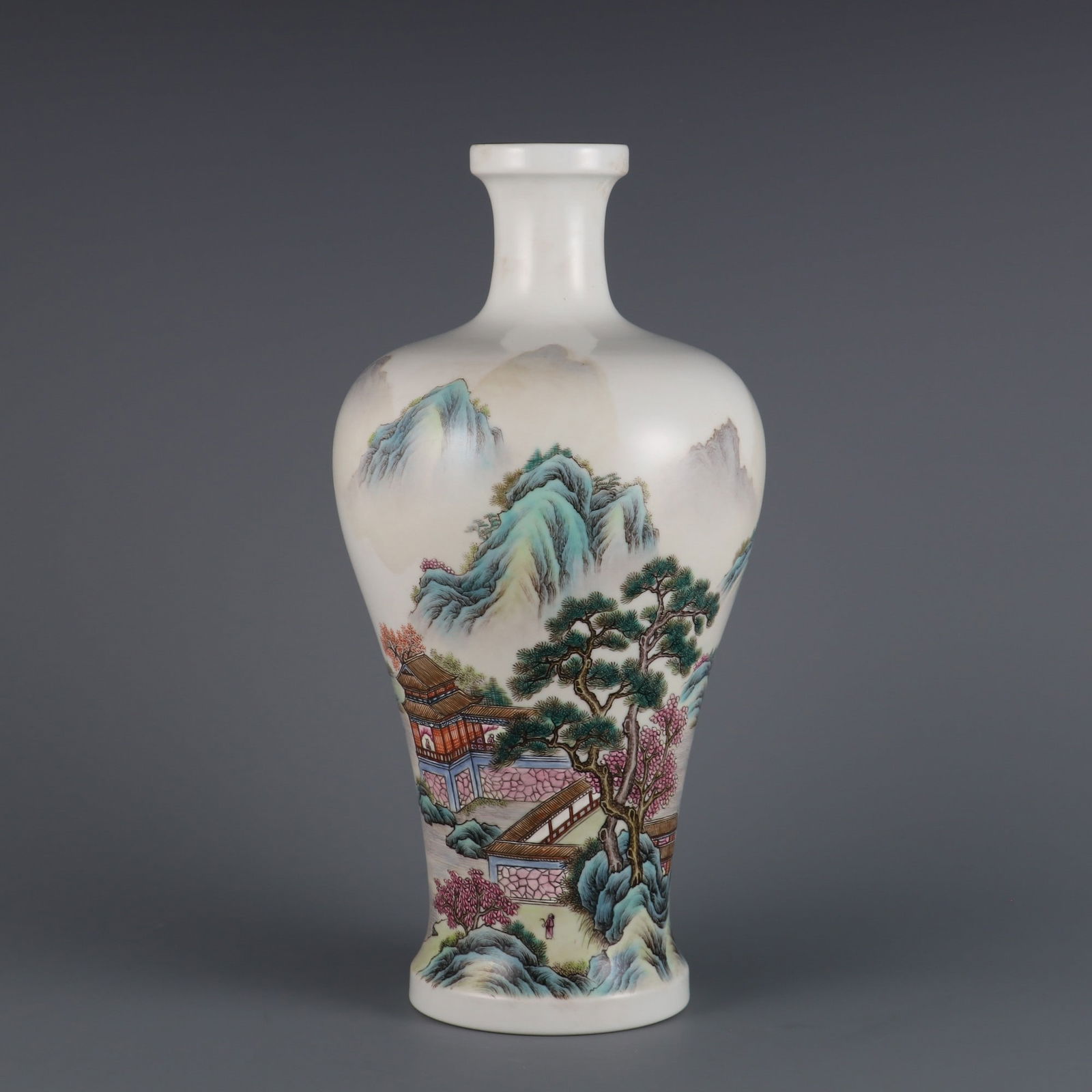 A Rare Famille Rose Inscribed Landscape and Pavilion Pattern Vase (1 of 9)
