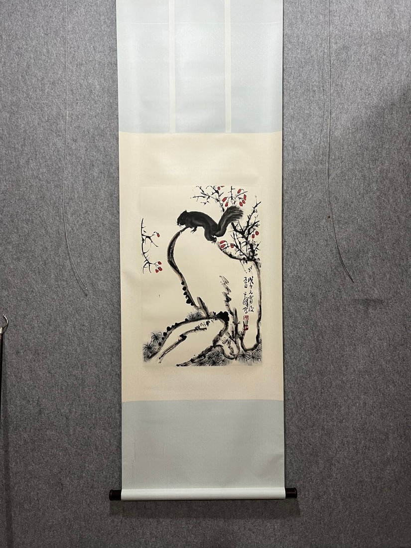 A Chinese Vertical Scroll Ink Squirrel Painting on Paper: A Chinese Vertical Scroll Ink Squirrel Painting on Paper,Modern Time of China,Sun Qifeng,Size:17.7inx26.8in(Without frame) 一幅中国水墨纸本松Ɨ