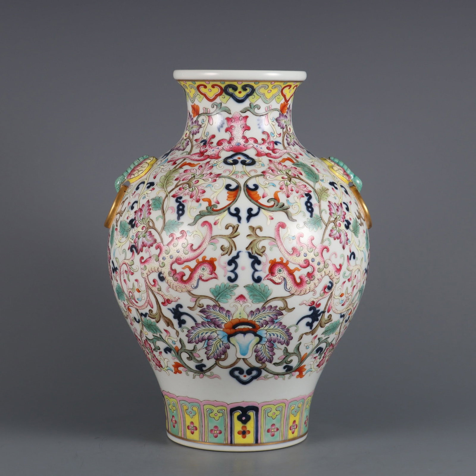 A Rare Blue and White Famille Rose Double Phoenixes Playing with Flowers Pattern Vase (1 of 9)