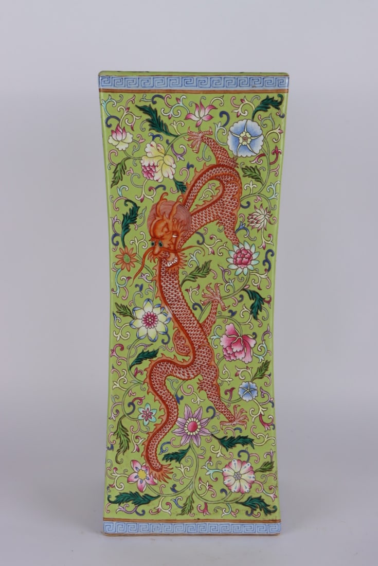 A Exquisite Famille-Rose Green Ground Dragon and Phoenix Pattern Pillow: A Exquisite Famille-Rose Green Ground Dragon and Phoenix Pattern Pillow,Qing Dynasty, China,Qianlong Four-character Mark,Size:14.2inx5.7in 粉彩绿地龙凤纹ĉ