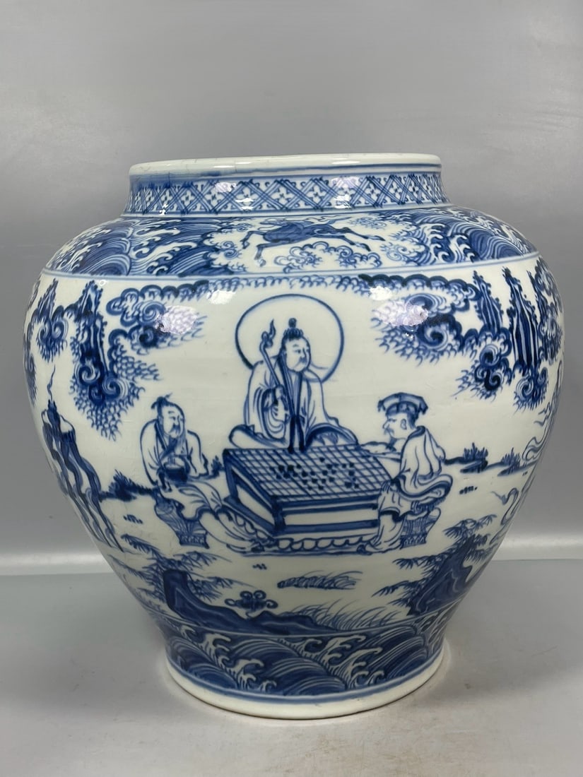 A Exquisite Blue and White Figures Pattern Vase: A Exquisite Blue and White Figures Pattern Vase,Ming Dynasty, China,Size:14.2inx13.8in 青花人物纹瓶,中国明代