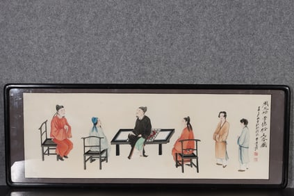 A Chinese Vertical Scroll Ink Painting of Figures on Paper, With a Frame