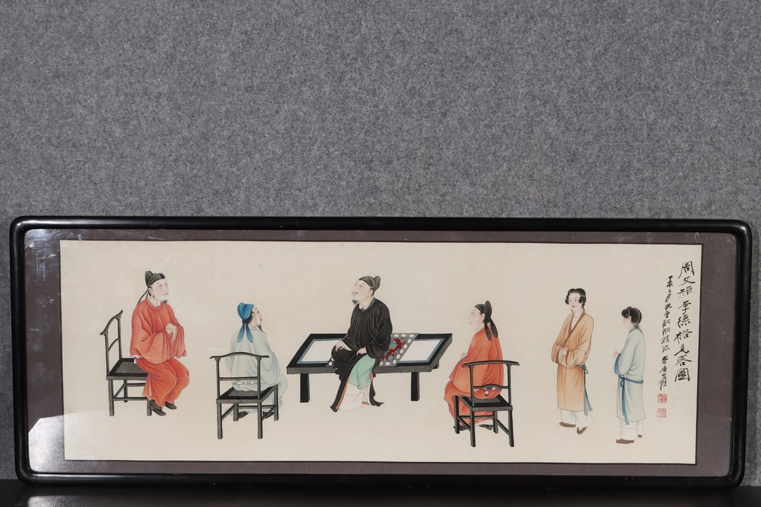 A Chinese Vertical Scroll Ink Painting of Figures on Paper, With a Frame (1 of 9)